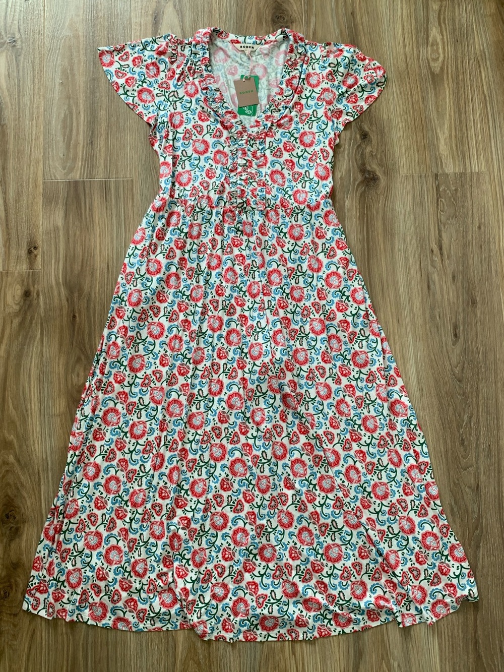 Boden Nicola Jersey Tea Dress Ivory Floral Garden Vine Ruffle Midi Sz 16-18L NEW - Picture 2 of 10